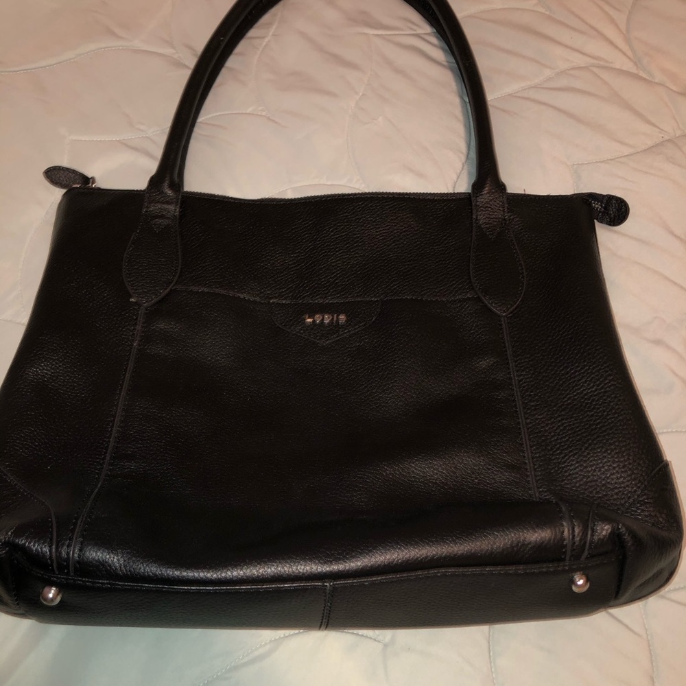Black leather handbag.